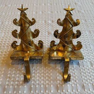 Christmas - Set of 2 - Gold Stocking Holders for the Mantle - Trees